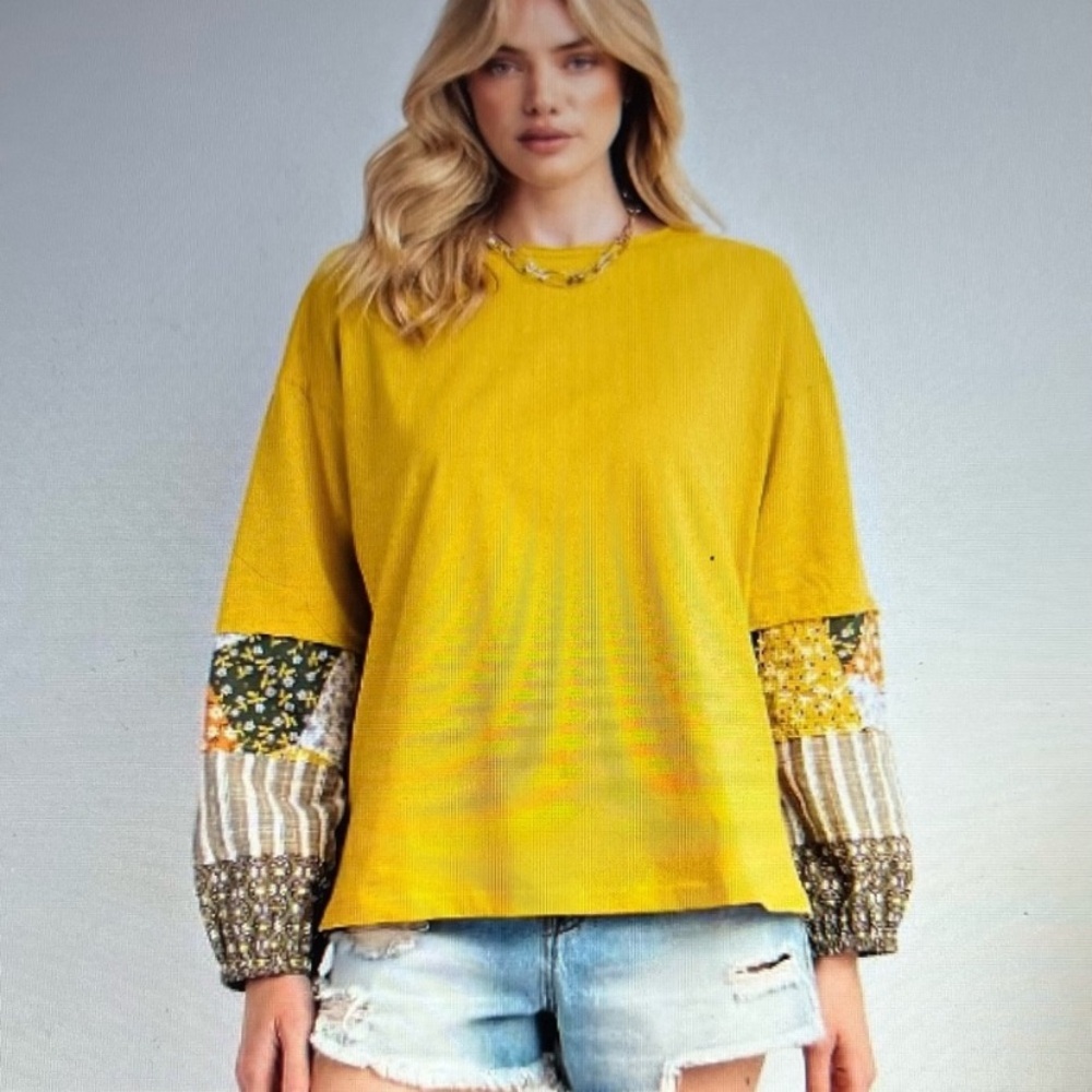 easel Yellow Patchwork-Sleeve Pullover Top